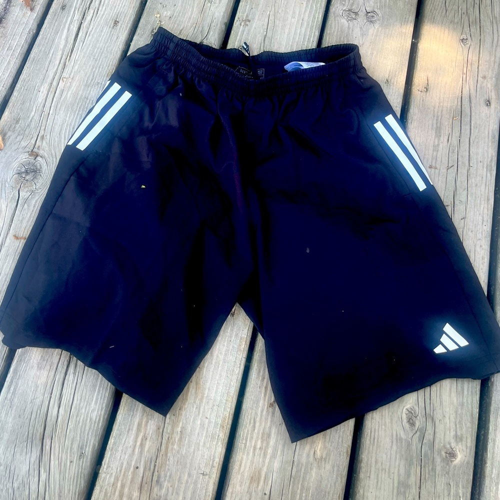 Adidas NWT Men's Medium Black Athletic Running 9” Shorts White Stripes Logo
